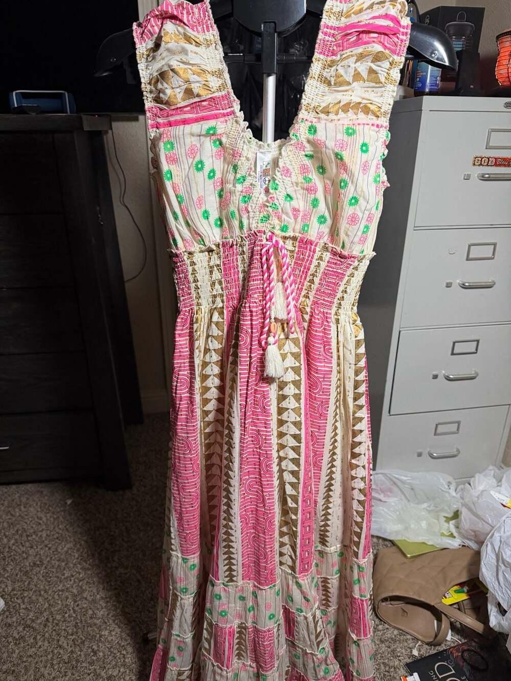 India Boutique Pink Green Gold Patterned Maxi Dress with Drawstring Waist